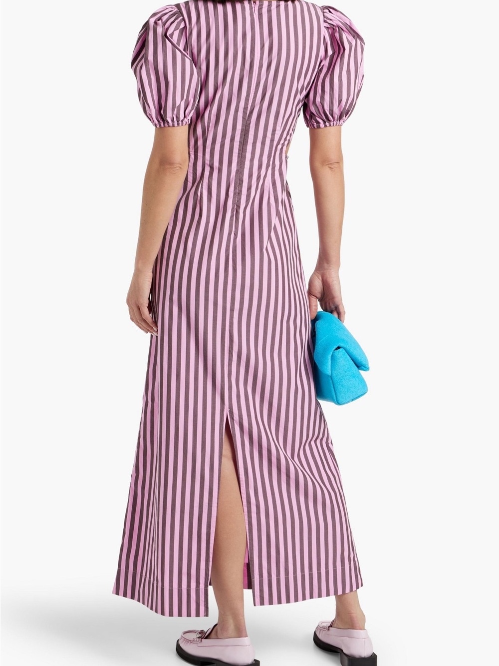 Ganni Pink and Brown Vertical-Stripe Puff-Sleeve Maxi Dress - Picture 3 of 5